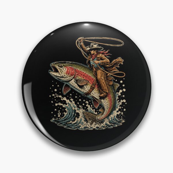 Item preview, Vintage Cowboy Riding Giant Rainbow Trout Retro Fishing Adventure designed and sold by Moizento.
