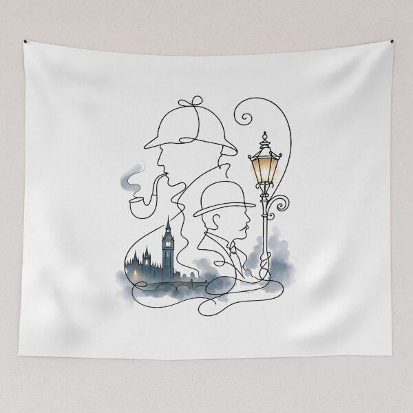 Item preview, Sherlock Holmes and Dr Watson London Big Ben Line Art Silhouette designed and sold by Fenay Designs.