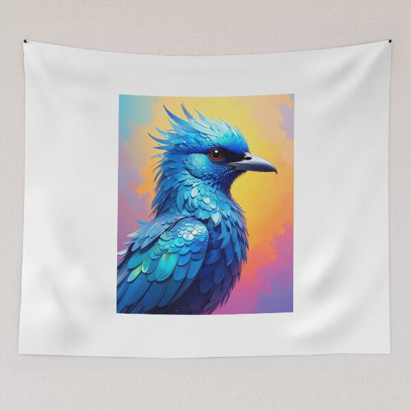 Item preview, Crested blue bird fantasy art vivid feathers red eye painterly exotic bird poster wall decor designed and sold by icemanphotos.