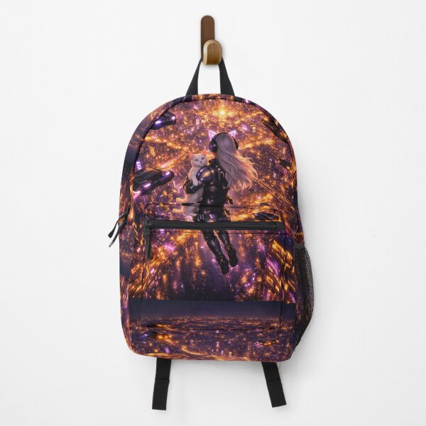 Item preview, Cyberpunk Girl and White Cat Flying Over Neon Metropolis Art designed and sold by UmSkelig834.