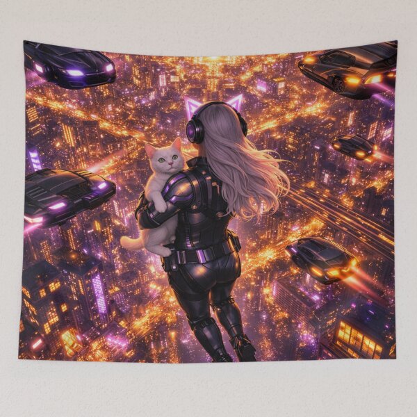 Item preview, Cyberpunk Girl and White Cat Flying Over Neon Metropolis Art designed and sold by UmSkelig834.