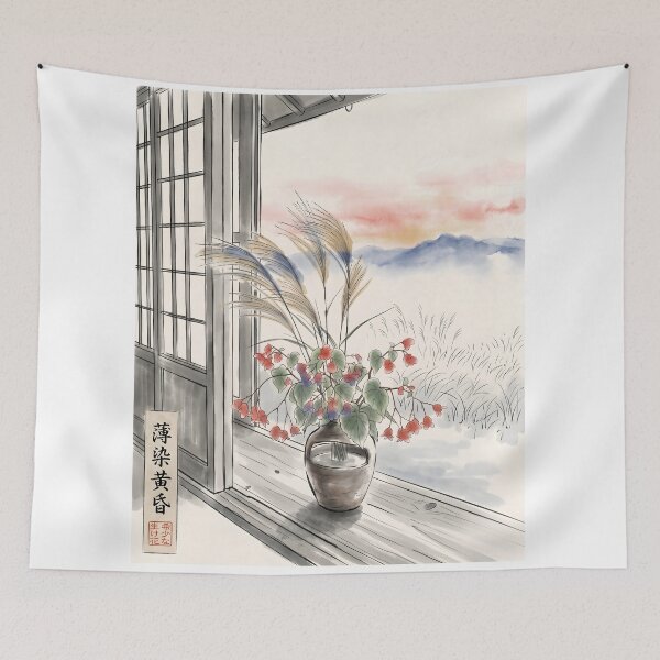 Item preview, Zen Ink Wash Autumn Pampas Grass and Begonia designed and sold by conohitoAI-ArtGallery.