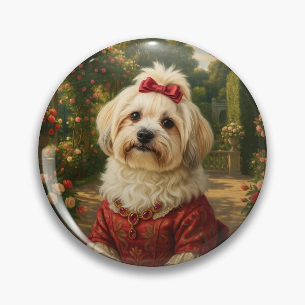 Item preview, a charming fluffy white Havanese wearing an elegant ruby-red patterned summer dress and a ribbon bow in her hair designed and sold by 123ks.