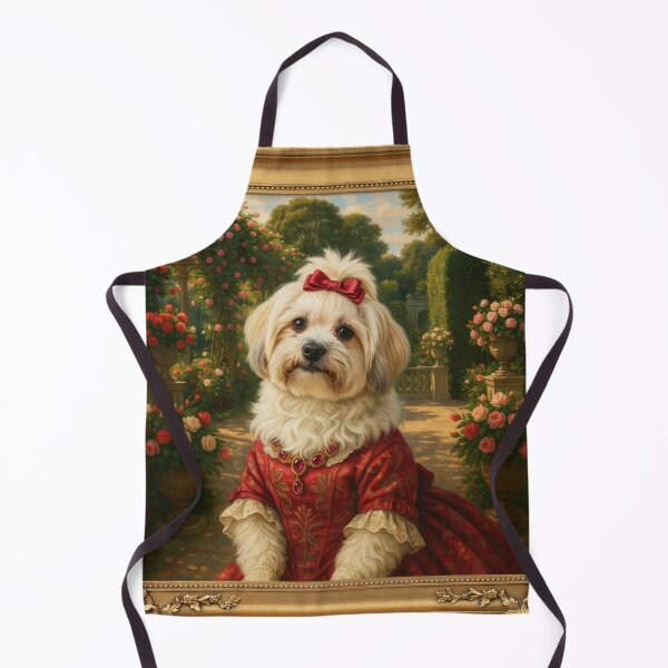 Item preview, a charming fluffy white Havanese wearing an elegant ruby-red patterned summer dress and a ribbon bow in her hair designed and sold by 123ks.