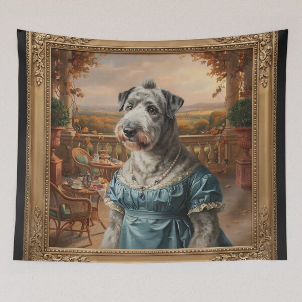 Item preview, a charming Old English Sheepdog (Bobtail) wearing an elegant royal dove-blue Regency-era empire-waist gown designed and sold by 123ks.