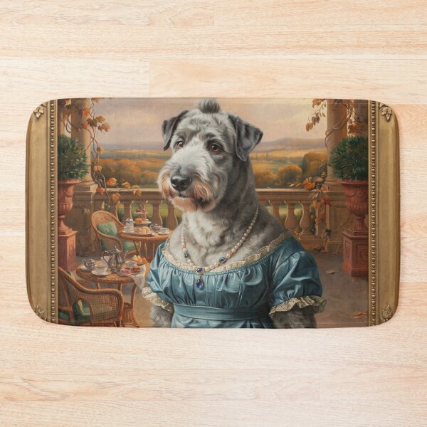 Item preview, a charming Old English Sheepdog (Bobtail) wearing an elegant royal dove-blue Regency-era empire-waist gown designed and sold by 123ks.