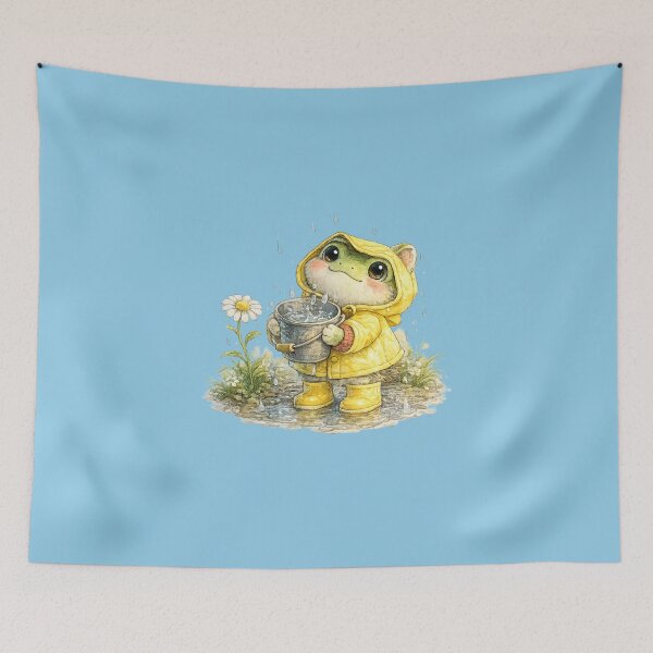 Item preview, Cute Spring Frog Watercolor Illustration – Kawaii Frog in Yellow Raincoat Collecting Raindrops designed and sold by MagicMakerPh.