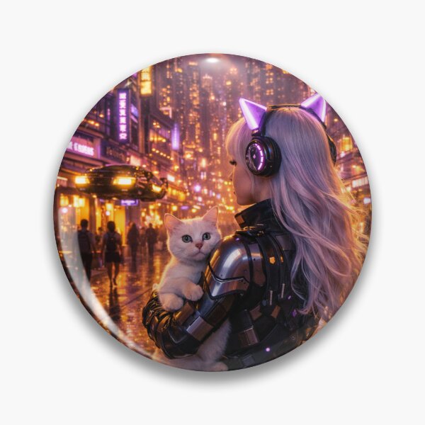 Item preview, Cyberpunk Girl with White Cat Neon City Lounge Art designed and sold by UmSkelig834.