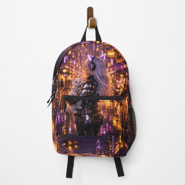 Item preview, Cyberpunk Girl with White Cat Neon City Lounge Art designed and sold by UmSkelig834.