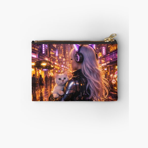Item preview, Cyberpunk Girl with White Cat Neon City Lounge Art designed and sold by UmSkelig834.