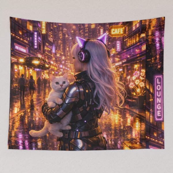 Item preview, Cyberpunk Girl with White Cat Neon City Lounge Art designed and sold by UmSkelig834.