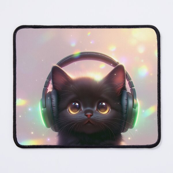 Item preview, black cat wearing neon headphones designed and sold by dcrc.