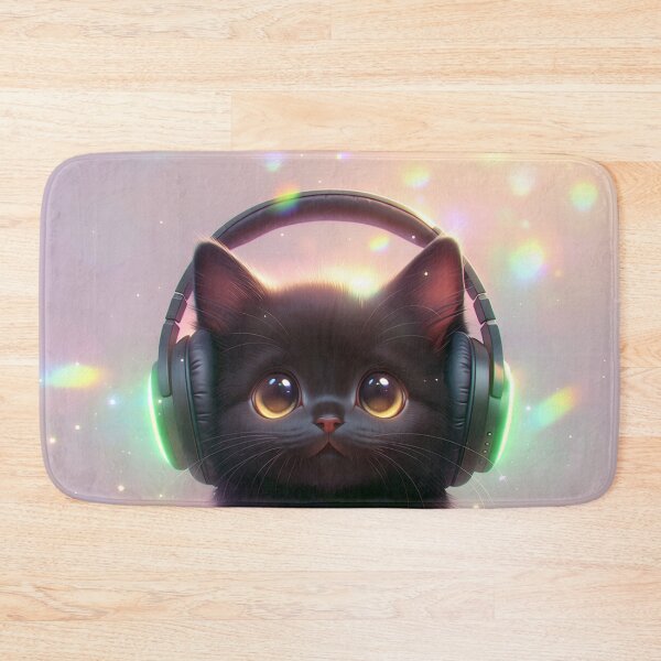 Item preview, black cat wearing neon headphones designed and sold by dcrc.