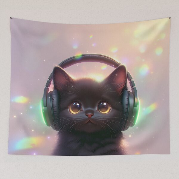 Item preview, black cat wearing neon headphones designed and sold by dcrc.
