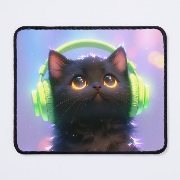Item preview, black cat wearing neon headphones designed and sold by dcrc.