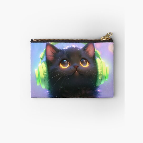 Item preview, black cat wearing neon headphones designed and sold by dcrc.