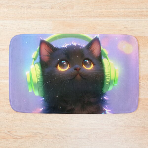 Item preview, black cat wearing neon headphones designed and sold by dcrc.