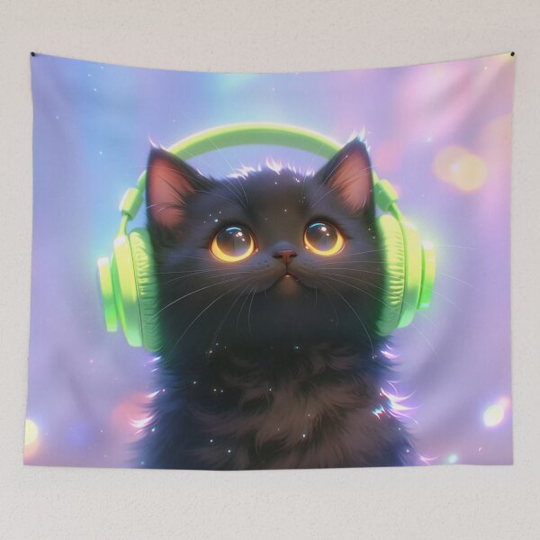 Item preview, black cat wearing neon headphones designed and sold by dcrc.