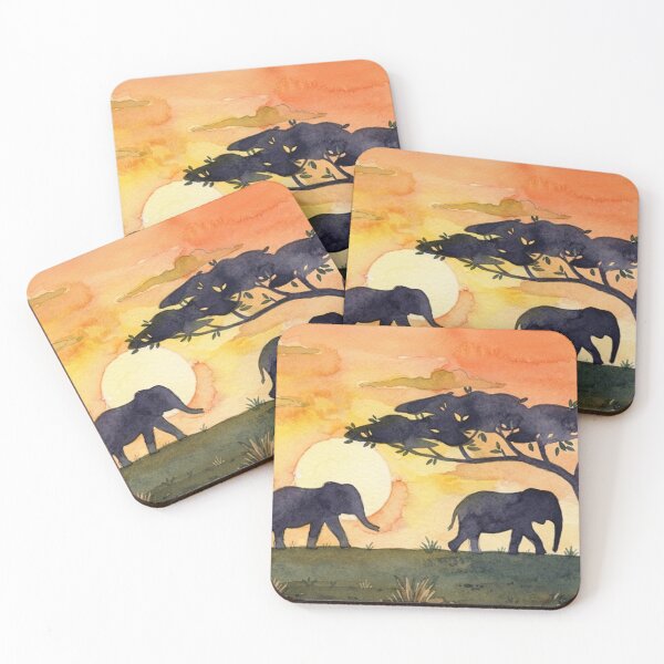 Item preview, Serengeti Sunset Walk - Three Elephants in Watercolor designed and sold by BLUESKY11a.