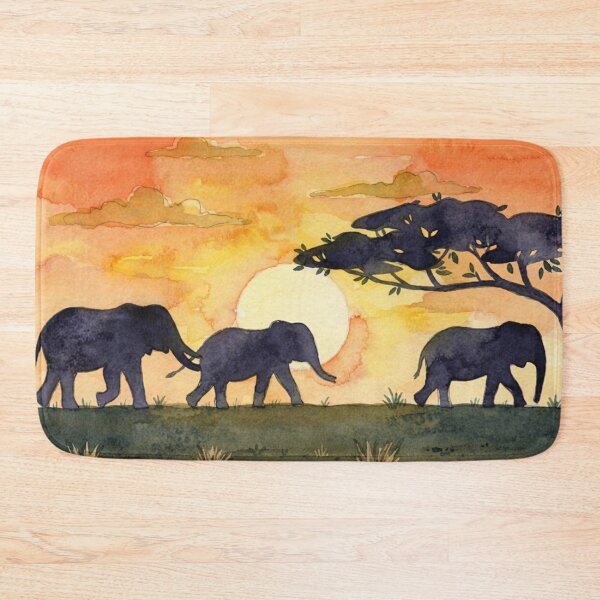 Artikelvorschau, Serengeti-Sonnenuntergangsspaziergang – Drei Elefanten in Aquarell entworfen und verkauft von BLUESKY11a.