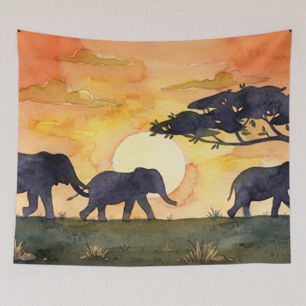Item preview, Serengeti Sunset Walk - Three Elephants in Watercolor designed and sold by BLUESKY11a.