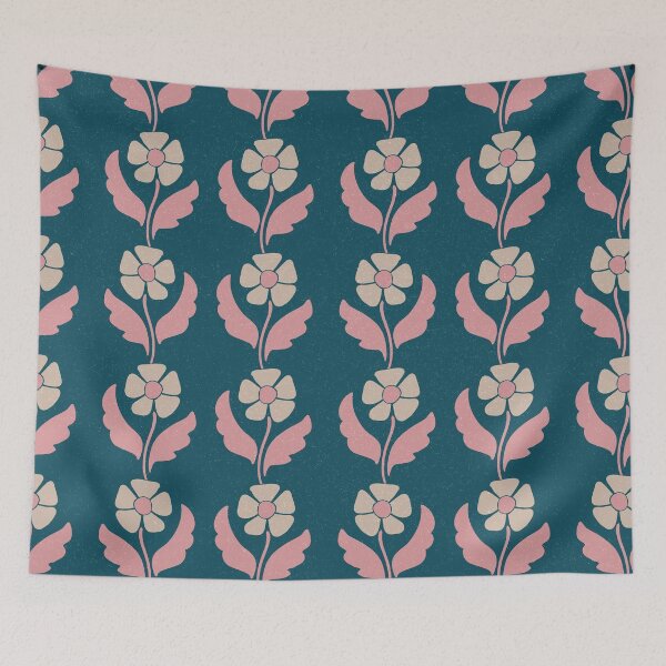 Item preview, Large Retro Scandinavian Folk Floral Teal Blue Botanical Pattern designed and sold by DColourMuse.
