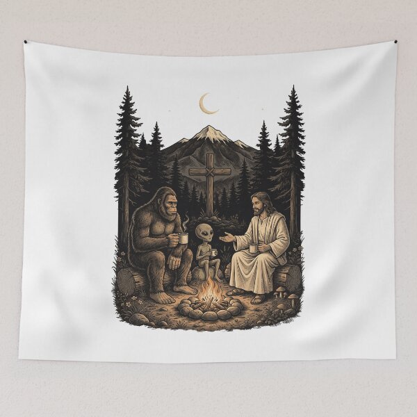 Item preview, Bigfoot Alien Jesus Campfire Chat designed and sold by Roy & Tiffany.