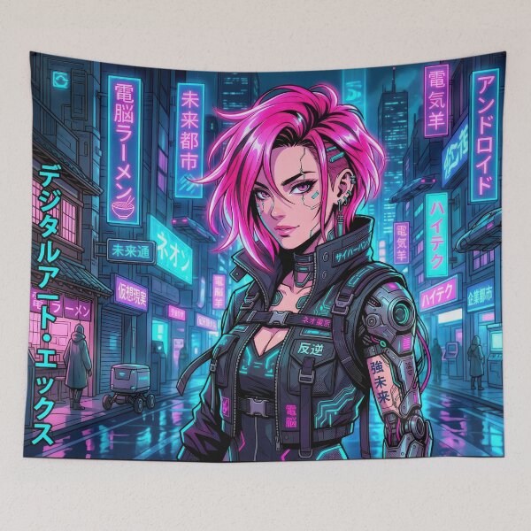 Item preview, Cyberpunk Rebel Pink Hair Anime Cyborg Streetwear Girl designed and sold by DigitalArtx-com.