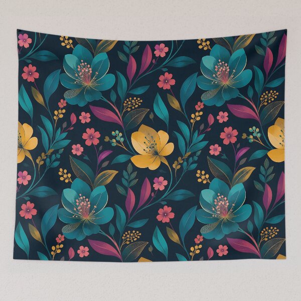 Item preview, Dark Floral Pattern — Teal Blue Pink Yellow Botanical Art designed and sold by Aureva Arts Shop.