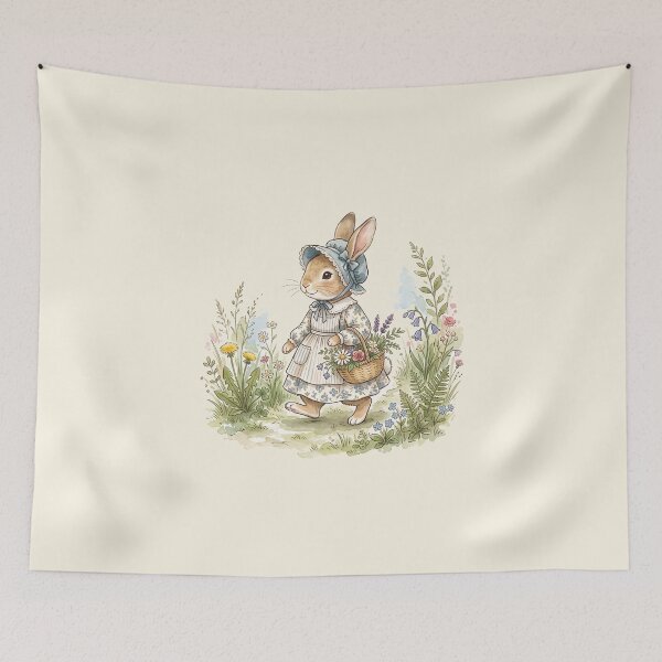 Item preview, Cottagecore Bunny with Flower Basket - Vintage Watercolor Illustration designed and sold by Pasteltone.