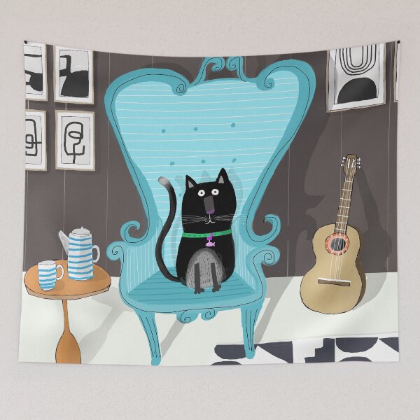 Item preview, Cute Cat On A Blue Chair In Trendy Interior By Artist Carla Daly designed and sold by Carla Daly.
