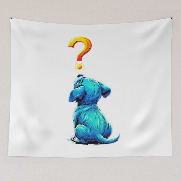 Item preview, Curious Blue Puppy Sitting from Behind Looking Up at a Question Mark - Comic Pop Art  designed and sold by VibranPalette.