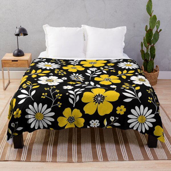 Item preview, Yellow and White Wildflower Floral Pattern on Black Background designed and sold by Aureva Arts Shop.