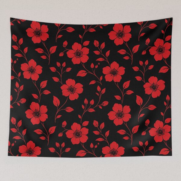 Item preview, Red Floral Pattern Black Background — Botanical Vine Wall Art designed and sold by Aureva Arts Shop.