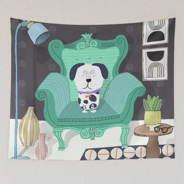 Item preview, Cute Dog On Chair In Trendy Interior By Artist Carla Daly designed and sold by Carla Daly.