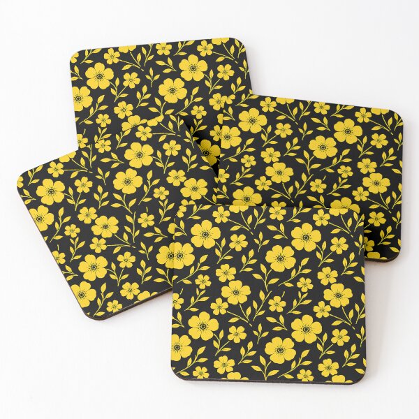 Item preview, Yellow Floral Pattern Black Background Botanical Flower Print designed and sold by Aureva Arts Shop.