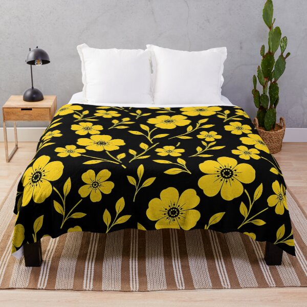 Item preview, Yellow Floral Pattern Black Background Botanical Flower Print designed and sold by Aureva Arts Shop.