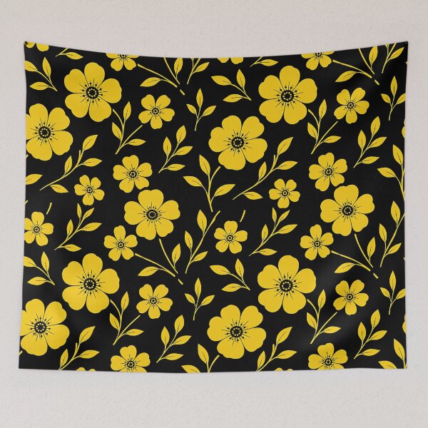 Item preview, Yellow Floral Pattern Black Background Botanical Flower Print designed and sold by Aureva Arts Shop.