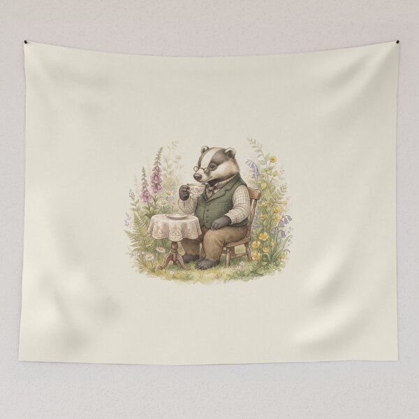 Item preview, Gentleman Badger Enjoying Afternoon Tea - Vintage Botanical Style designed and sold by Pasteltone.