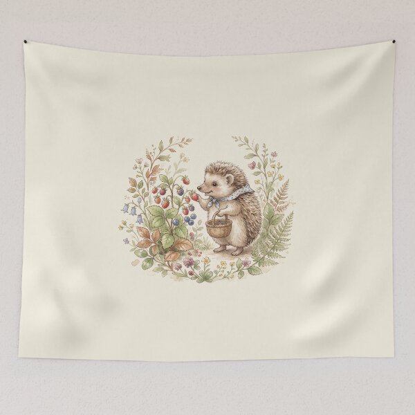 Item preview, Little Hedgehog Gathering Berries - Sweet Forest Watercolor designed and sold by Pasteltone.