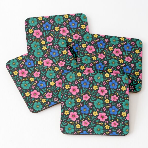 Item preview, Colorful Folk Floral Pattern on Black Background designed and sold by Aureva Arts Shop.