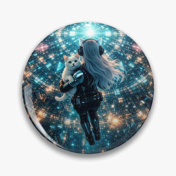 Item preview, Cyberpunk Girl and White Cat Levizating Above Neon City Matrix Art designed and sold by UmSkelig834.