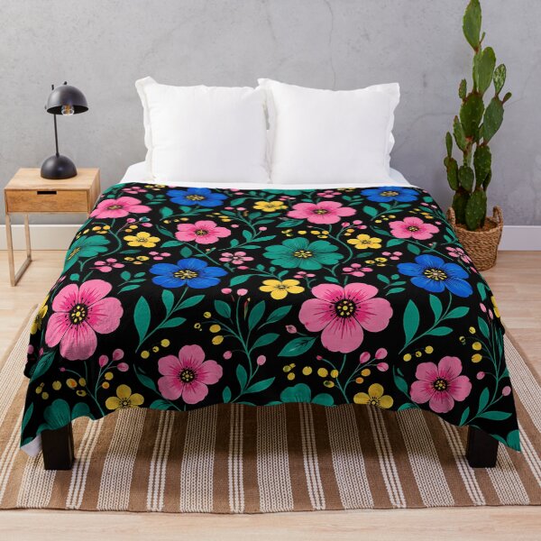 Item preview, Colorful Folk Floral Pattern on Black Background designed and sold by Aureva Arts Shop.