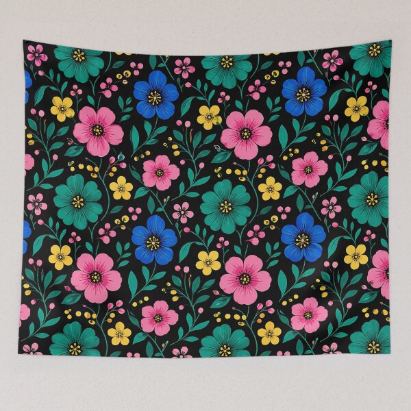 Item preview, Colorful Folk Floral Pattern on Black Background designed and sold by Aureva Arts Shop.
