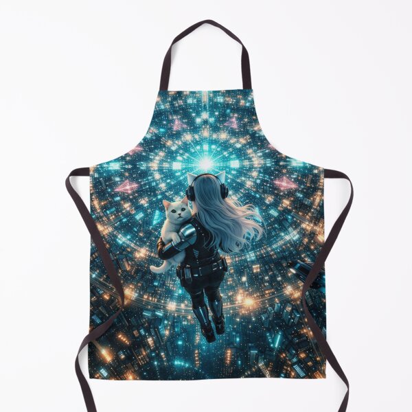 Item preview, Cyberpunk Girl and White Cat Levizating Above Neon City Matrix Art designed and sold by UmSkelig834.