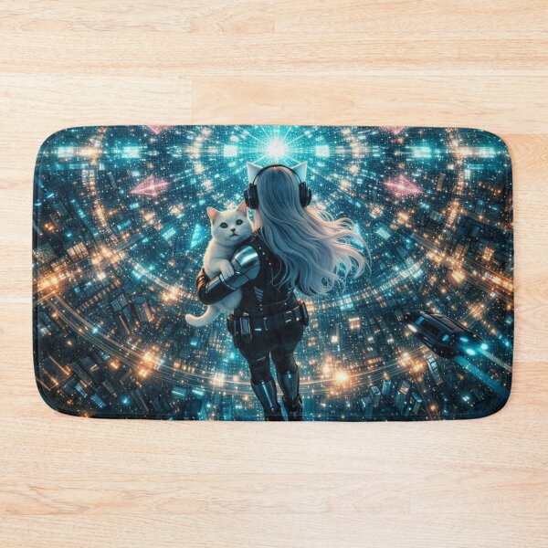 Item preview, Cyberpunk Girl and White Cat Levizating Above Neon City Matrix Art designed and sold by UmSkelig834.