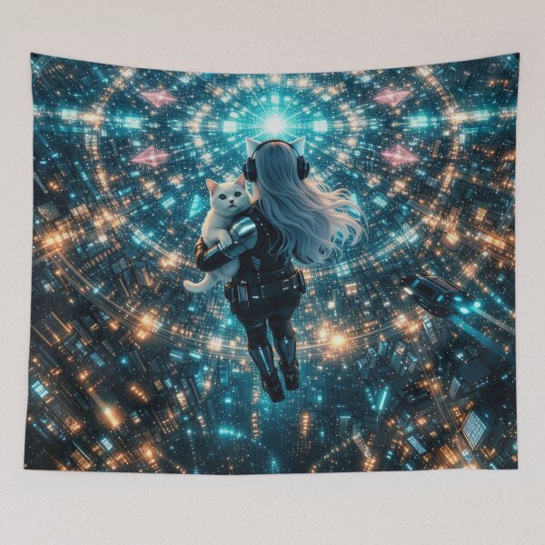 Item preview, Cyberpunk Girl and White Cat Levizating Above Neon City Matrix Art designed and sold by UmSkelig834.