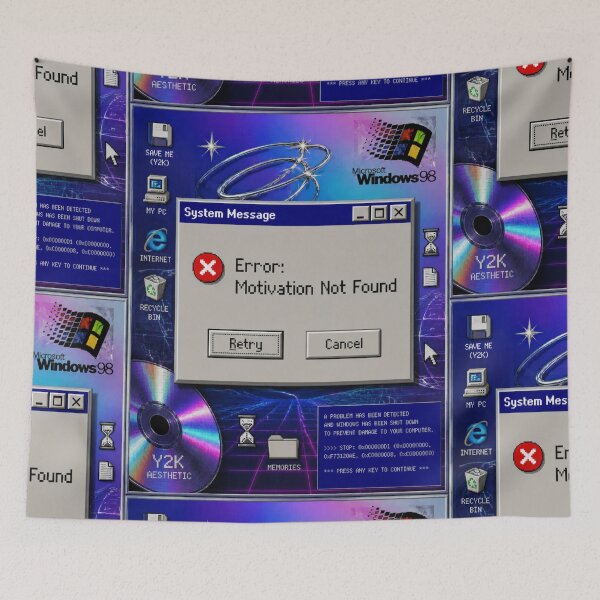Aperçu de l'œuvre T-shirt graphique humoristique avec sticker PNG « Erreur Y2K : Motivation introuvable » (Windows 95 rétro, pop-up, pixel art, cyber nostalgie) créée et vendue par LuxeBuzz.