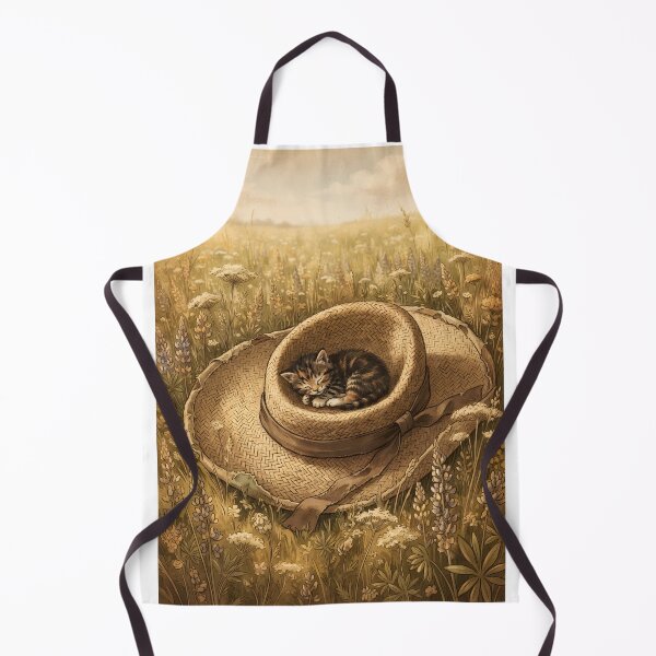 Item preview, Tiny Kitten Resting on a Giant Straw Hat in a Field Miniature Illustration designed and sold by DuckOddity.