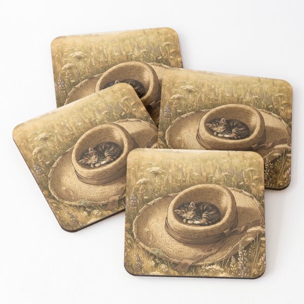 Item preview,  Tiny Kitten Resting on a Giant Straw Hat in a Field Miniature Illustration designed and sold by DuckOddity.